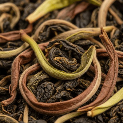 Macro photograph focusing on the texture and details of Oriental Beauty leaves, within the taxonomy teas