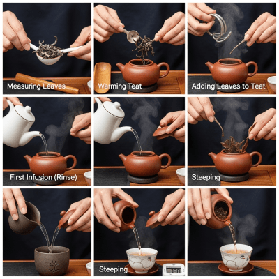 Step-by-step visual depiction showing the preparation process for Oriental Beauty, within the taxonomy teas