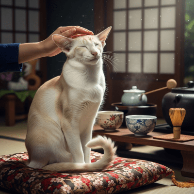 Image of a Oriental Longhair interacting with humans or participating in cultural activities