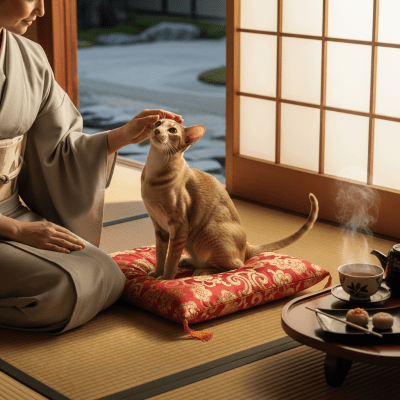 Image of a Oriental Shorthair interacting with humans or participating in cultural activities