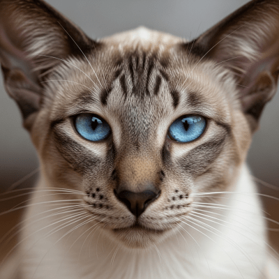 Close-up macro photograph of the face of a Oriental Shorthair