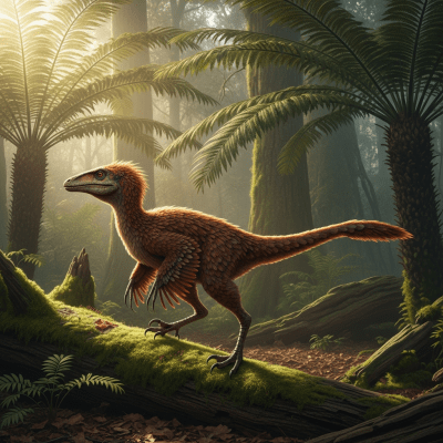 Realistic depiction of a Ornitholestes in its prehistoric natural environment