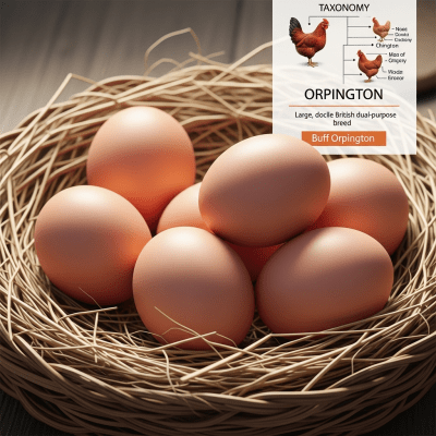 Image depicting eggs laid by a Orpington, contextualized within the chicken taxonomy