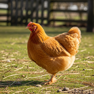 Naturalistic image of a Orpington belonging to the chicken taxonomy in its typical outdoor environment