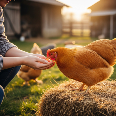 Photograph of a Orpington from the chicken taxonomy interacting with humans in a typical farm setting