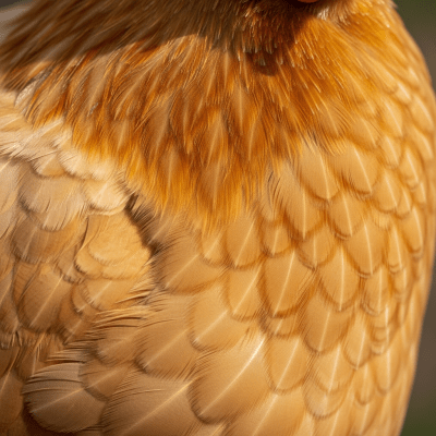 Close-up macro photograph highlighting the feather texture and coloration of a Orpington from the chicken taxonomy