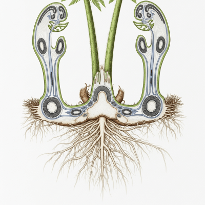 Cross-sectional illustration or photograph of a Osmunda regalis, showing internal structure such as rhizome, roots, and vascular bundles