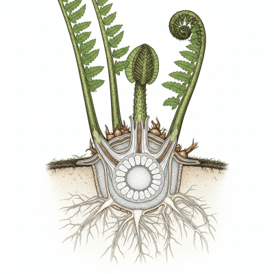 Cross-sectional illustration or photograph of a Osmundaceae (family), showing internal structure such as rhizome, roots, and vascular bundles