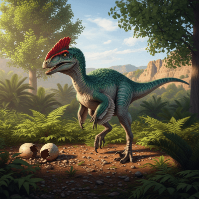 Realistic depiction of a Oviraptor in its prehistoric natural environment