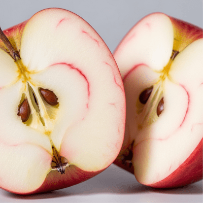 A close-up image showing a cross-section of a Pacific Rose of the taxonomy apples, sliced cleanly in half to reveal internal structure, seeds, and flesh
