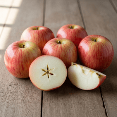 A simple arrangement showing several whole and one cut-open Pacific Rose, displayed on a wooden surface