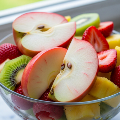 A photograph of a freshly sliced Pacific Rose of the taxonomy apples, presented as part of a fruit salad in a clear bowl