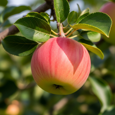 A naturalistic photograph of a Pacific Rose, hanging on its tree branch with leaves visible
