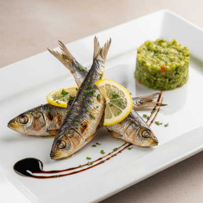 A culinary presentation featuring a prepared dish made with Pacific Sardine, of the taxonomy fish