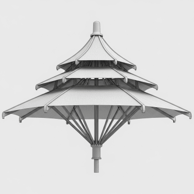 Detailed cross-sectional illustration of a Pagoda Umbrella, showing the internal structure such as ribs, shaft, and canopy fabric