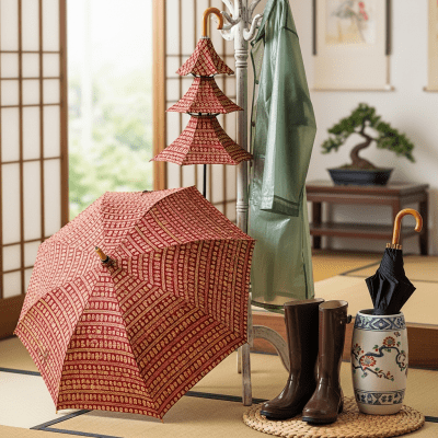 Image of a Pagoda Umbrella displayed alongside typical items it is paired with (e