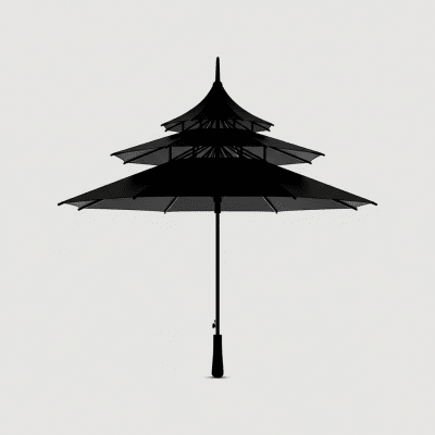 A minimalist side profile silhouette of a closed Pagoda Umbrella, set against a light grey background