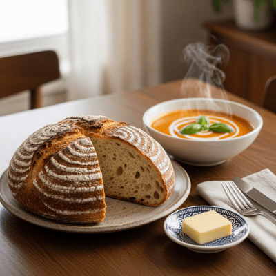 Photograph of Pain au Levain, shown being served or eaten as part of a meal