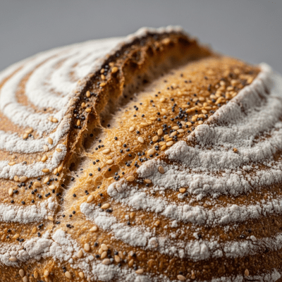 Macro photograph focusing on the crust and surface texture of Pain au Levain