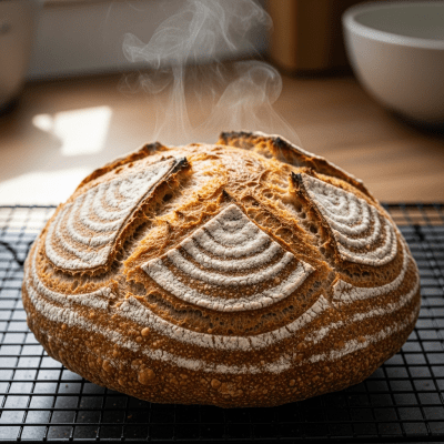Photograph of freshly baked Pain au Levain, cooling on a wire rack