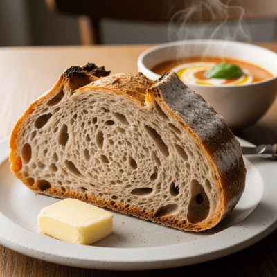 Photograph of Pain de Campagne, shown being served or eaten as part of a meal