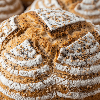 Macro photograph focusing on the crust and surface texture of Pain de Campagne
