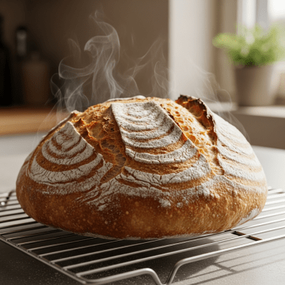 Photograph of freshly baked Pain de Campagne, cooling on a wire rack