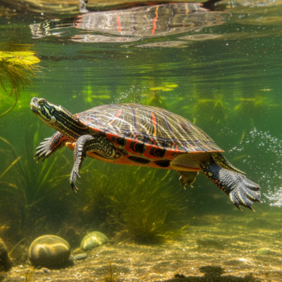 A dynamic action shot of a Painted Turtle, part of the taxonomy reptiles, in motion such as climbing, swimming, basking, or hunting in its environment