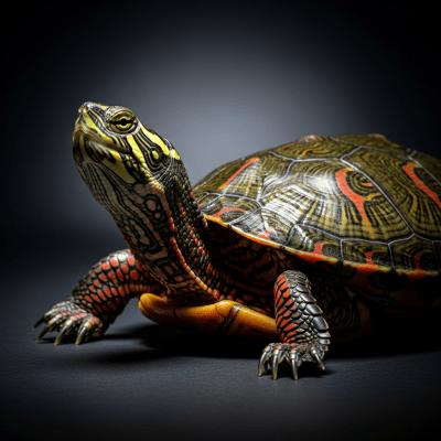 A striking, editorial-style portrait of a Painted Turtle (reptiles) in dramatic lighting.