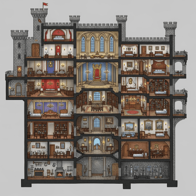 A detailed cross-sectional illustration of a Palace-Castle Hybrid, from the castles taxonomy