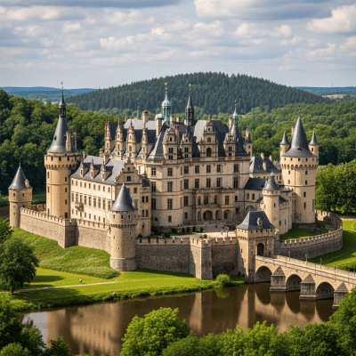 A realistic image of the Palace-Castle Hybrid from the castles taxonomy, situated in its historical or natural environment