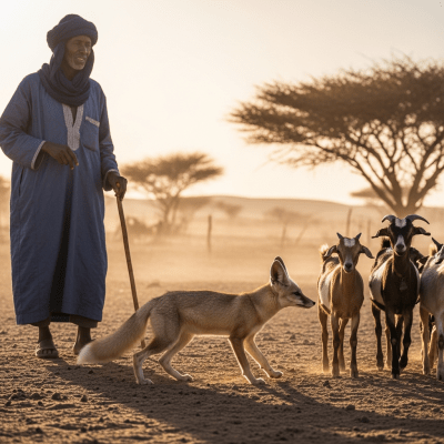 Image of a Pale Fox interacting with humans in a cultural or practical context