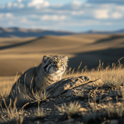 Photorealistic image of a Pallas's Cat (felines) in its natural habitat