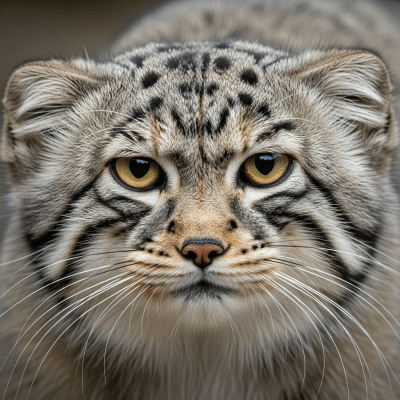 Close-up macro photograph focusing on the facial features and fur texture of a Pallas's Cat