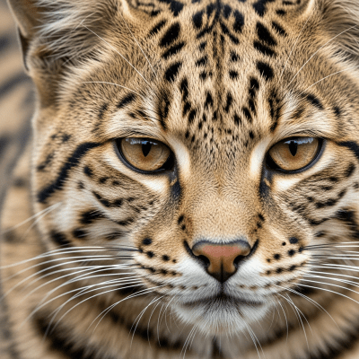 Close-up macro photograph focusing on the facial features and fur texture of a Pampas Cat