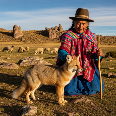Image of a Pampas Fox interacting with humans in a cultural or practical context