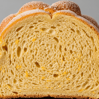 A close-up image of the interior of a sliced Pan de Muerto