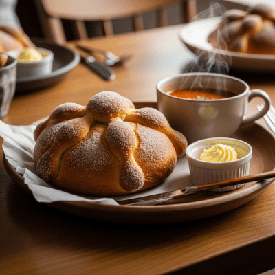 Photograph of Pan de Muerto, shown being served or eaten as part of a meal