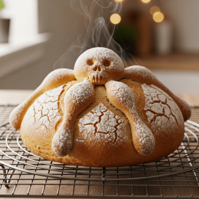 Photograph of freshly baked Pan de Muerto, cooling on a wire rack