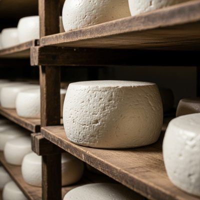 A whole wheel or block of Paneer, shown in an artisanal cellar or aging environment typical for this cheese