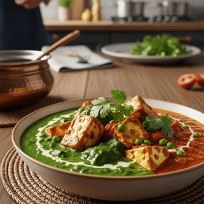 A piece of Paneer being used in a classic culinary preparation or dish where it is commonly featured