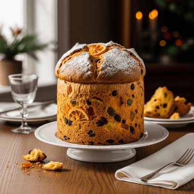 A realistic image of a whole Panettone (cake) displayed on a classic dessert table in a home or bakery setting