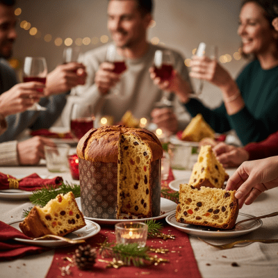 A scene showing the Panettone (cake) being served or enjoyed at a festive occasion, such as a birthday party or wedding