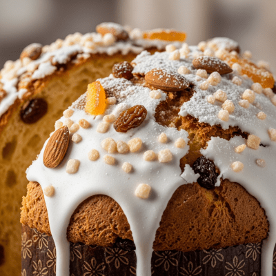 Close-up macro photograph of the surface texture and decoration of a Panettone (cake)