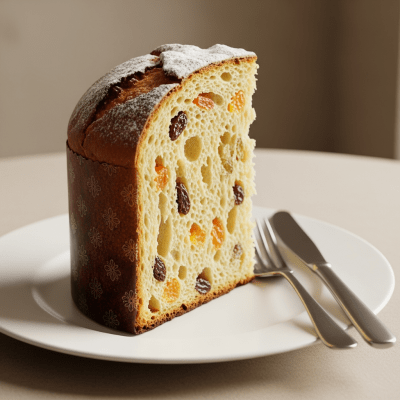 An image of a single slice of Panettone, from the cake taxonomy, isolated on a plate with simple cutlery