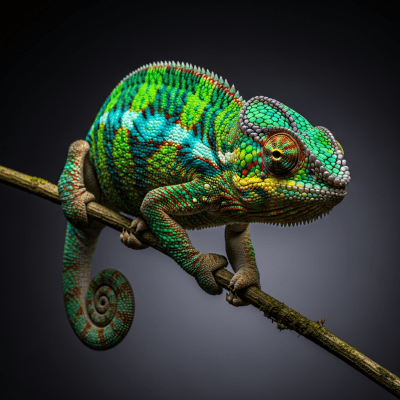 Editorial-style hero shot of a Panther Chameleon (lizards), captured in dramatic lighting against a dark gradient background.