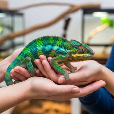 Image of a Panther Chameleon interacting with humans in a responsible pet-keeping context