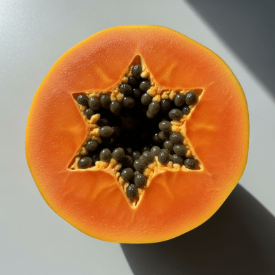 A close-up image showing a cross-section of the Papaya, belonging to the fruits taxonomy