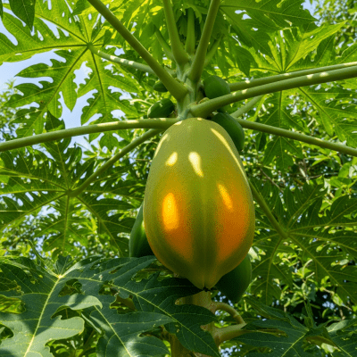 A photograph of a fresh Papaya from the fruits taxonomy as it appears in its natural growing environment, such as on a tree, bush, or vine