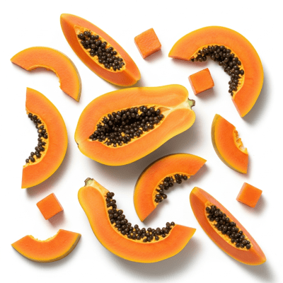 An overhead view photograph of several pieces of the Papaya, from the fruits taxonomy, arranged aesthetically on a plain background